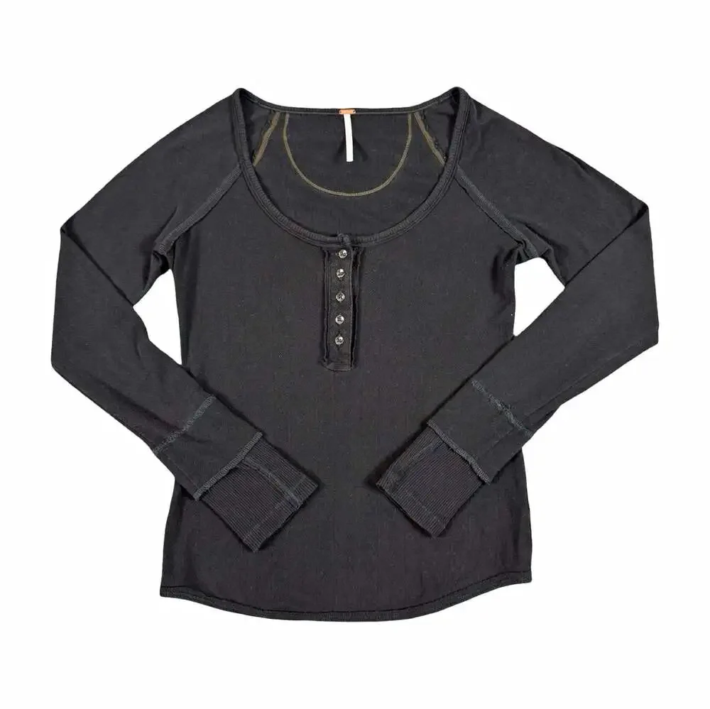 Free People Women’s Black Long Sleeve Henley Knit Button Top Size L